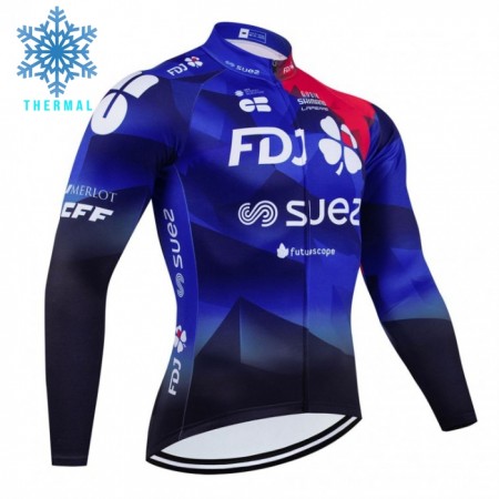 Wielershirt 2024 FDJ Suez Lange Mouw Winter Thermal Fleece Blauw